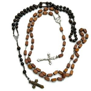 2 Wood Rosary Bead Cross Crucifix Necklaces